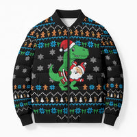Funny Santa Riding Dinosaur Christmas Bomber Puffer Jacket Gingerbread Snowflake Pattern - Wonder Print Shop
