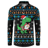 Funny Santa Riding Dinosaur Christmas Button Sweatshirt Gingerbread Snowflake Pattern - Wonder Print Shop