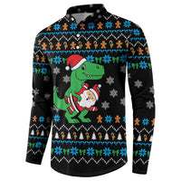 Funny Santa Riding Dinosaur Christmas Button Sweatshirt Gingerbread Snowflake Pattern - Wonder Print Shop