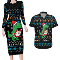 Funny Santa Riding Dinosaur Christmas Couples Matching Long Sleeve Bodycon Dress and Hawaiian Shirt Gingerbread Snowflake Pattern - Wonder Print Shop