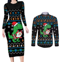 Funny Santa Riding Dinosaur Christmas Couples Matching Long Sleeve Bodycon Dress and Long Sleeve Button Shirt Gingerbread Snowflake Pattern - Wonder Print Shop