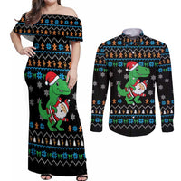 Funny Santa Riding Dinosaur Christmas Couples Matching Off Shoulder Maxi Dress and Long Sleeve Button Shirt Gingerbread Snowflake Pattern - Wonder Print Shop