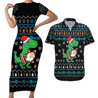 Funny Santa Riding Dinosaur Christmas Couples Matching Short Sleeve Bodycon Dress and Hawaiian Shirt Gingerbread Snowflake Pattern - Wonder Print Shop