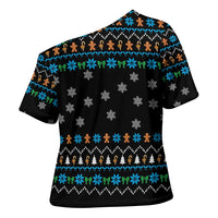 Funny Santa Riding Dinosaur Christmas Cross Shoulder Shirt Gingerbread Snowflake Pattern - Wonder Print Shop