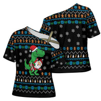 Funny Santa Riding Dinosaur Christmas Cross Shoulder Shirt Gingerbread Snowflake Pattern - Wonder Print Shop