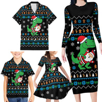 Funny Santa Riding Dinosaur Christmas Family Matching Long Sleeve Bodycon Dress and Hawaiian Shirt Gingerbread Snowflake Pattern - Wonder Print Shop