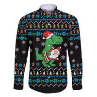 Funny Santa Riding Dinosaur Christmas Family Matching Long Sleeve Bodycon Dress and Hawaiian Shirt Gingerbread Snowflake Pattern - Wonder Print Shop
