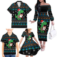 Funny Santa Riding Dinosaur Christmas Family Matching Off The Shoulder Long Sleeve Dress and Hawaiian Shirt Gingerbread Snowflake Pattern - Wonder Print Shop