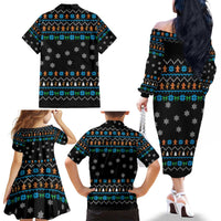 Funny Santa Riding Dinosaur Christmas Family Matching Off The Shoulder Long Sleeve Dress and Hawaiian Shirt Gingerbread Snowflake Pattern - Wonder Print Shop