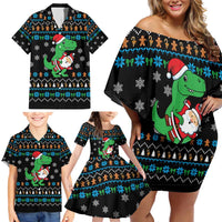 Funny Santa Riding Dinosaur Christmas Family Matching Off Shoulder Short Dress and Hawaiian Shirt Gingerbread Snowflake Pattern - Wonder Print Shop