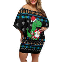 Funny Santa Riding Dinosaur Christmas Family Matching Off Shoulder Short Dress and Hawaiian Shirt Gingerbread Snowflake Pattern - Wonder Print Shop