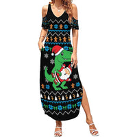 Funny Santa Riding Dinosaur Christmas Family Matching Summer Maxi Dress and Hawaiian Shirt Gingerbread Snowflake Pattern - Wonder Print Shop