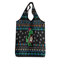 Funny Santa Riding Dinosaur Christmas Grocery Bag Gingerbread Snowflake Pattern - Wonder Print Shop