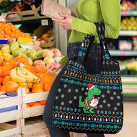 Funny Santa Riding Dinosaur Christmas Grocery Bag Gingerbread Snowflake Pattern - Wonder Print Shop