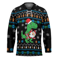 Funny Santa Riding Dinosaur Christmas Hockey Jersey Gingerbread Snowflake Pattern - Wonder Print Shop