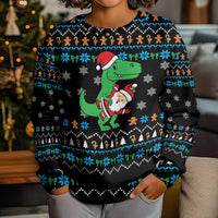 Funny Santa Riding Dinosaur Christmas Kid Ugly Christmas Sweater Gingerbread Snowflake Pattern - Wonder Print Shop