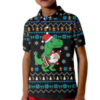 Funny Santa Riding Dinosaur Christmas Kid Polo Shirt Gingerbread Snowflake Pattern - Wonder Print Shop