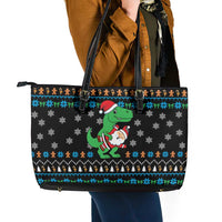Funny Santa Riding Dinosaur Christmas Leather Tote Bag Gingerbread Snowflake Pattern - Wonder Print Shop