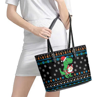 Funny Santa Riding Dinosaur Christmas Leather Tote Bag Gingerbread Snowflake Pattern - Wonder Print Shop