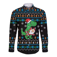 Funny Santa Riding Dinosaur Christmas Long Sleeve Button Shirt Gingerbread Snowflake Pattern - Wonder Print Shop