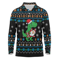 Funny Santa Riding Dinosaur Christmas Long Sleeve Polo Shirt Gingerbread Snowflake Pattern - Wonder Print Shop