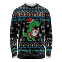 Funny Santa Riding Dinosaur Christmas Long Sleeve Shirt Gingerbread Snowflake Pattern - Wonder Print Shop