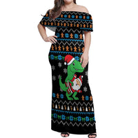 Funny Santa Riding Dinosaur Christmas Off Shoulder Maxi Dress Gingerbread Snowflake Pattern - Wonder Print Shop