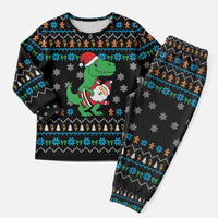 Funny Santa Riding Dinosaur Christmas Pajama Set Gingerbread Snowflake Pattern - Wonder Print Shop