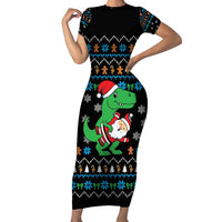 Funny Santa Riding Dinosaur Christmas Short Sleeve Bodycon Dress Gingerbread Snowflake Pattern - Wonder Print Shop