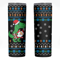 Funny Santa Riding Dinosaur Christmas Skinny Tumbler Gingerbread Snowflake Pattern - Wonder Print Shop