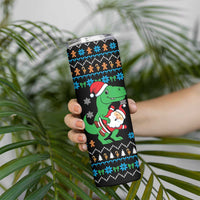 Funny Santa Riding Dinosaur Christmas Skinny Tumbler Gingerbread Snowflake Pattern - Wonder Print Shop