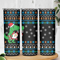Funny Santa Riding Dinosaur Christmas Skinny Tumbler Gingerbread Snowflake Pattern - Wonder Print Shop