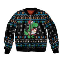 Funny Santa Riding Dinosaur Christmas Sleeve Zip Bomber Jacket Gingerbread Snowflake Pattern - Wonder Print Shop