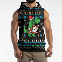 Funny Santa Riding Dinosaur Christmas Sleeveless Hoodie Gingerbread Snowflake Pattern - Wonder Print Shop