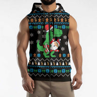 Funny Santa Riding Dinosaur Christmas Sleeveless Zip Hoodie Gingerbread Snowflake Pattern - Wonder Print Shop