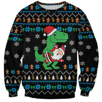 Funny Santa Riding Dinosaur Christmas Sweatshirt Gingerbread Snowflake Pattern - Wonder Print Shop