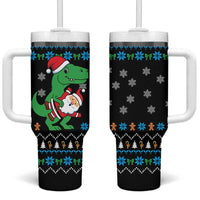 Funny Santa Riding Dinosaur Christmas Tumbler With Handle Gingerbread Snowflake Pattern - Wonder Print Shop