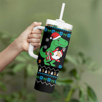 Funny Santa Riding Dinosaur Christmas Tumbler With Handle Gingerbread Snowflake Pattern - Wonder Print Shop