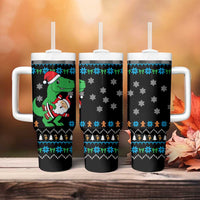 Funny Santa Riding Dinosaur Christmas Tumbler With Handle Gingerbread Snowflake Pattern - Wonder Print Shop