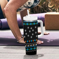 Funny Santa Riding Dinosaur Christmas Tumbler With Handle Gingerbread Snowflake Pattern - Wonder Print Shop