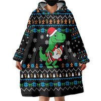 Funny Santa Riding Dinosaur Christmas Wearable Blanket Hoodie Gingerbread Snowflake Pattern - Wonder Print Shop