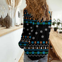 Funny Santa Riding Dinosaur Christmas Women Casual Shirt Gingerbread Snowflake Pattern - Wonder Print Shop