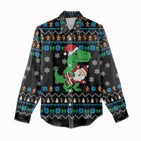 Funny Santa Riding Dinosaur Christmas Women Casual Shirt Gingerbread Snowflake Pattern - Wonder Print Shop