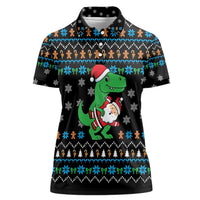 Funny Santa Riding Dinosaur Christmas Women Polo Shirt Gingerbread Snowflake Pattern - Wonder Print Shop