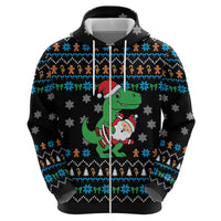 Funny Santa Riding Dinosaur Christmas Zip Hoodie Gingerbread Snowflake Pattern - Wonder Print Shop