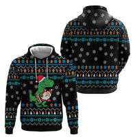 Funny Santa Riding Dinosaur Christmas Zip Hoodie Gingerbread Snowflake Pattern - Wonder Print Shop