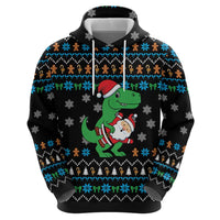 Funny Santa Riding Dinosaur Christmas Zip Hoodie Gingerbread Snowflake Pattern - Wonder Print Shop