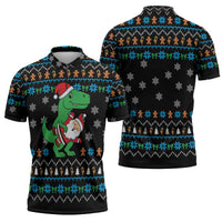 Funny Santa Riding Dinosaur Christmas Zipper Polo Shirt Gingerbread Snowflake Pattern - Wonder Print Shop