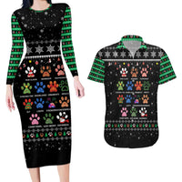 Christmas Colorful Dog Pawprint Couples Matching Long Sleeve Bodycon Dress and Hawaiian Shirt Black Snowflake Pattern Design - Wonder Print Shop