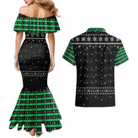 Christmas Colorful Dog Pawprint Couples Matching Mermaid Dress and Hawaiian Shirt Black Snowflake Pattern Design - Wonder Print Shop